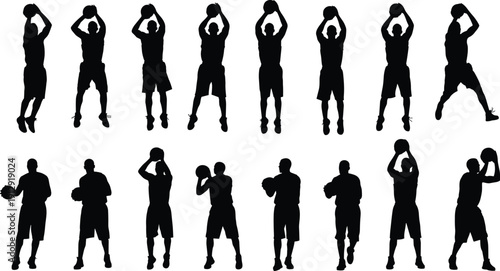 Collection of professional basketball player silhouettes in various shooting and action poses isolated on white background for sports marketing and athletic design