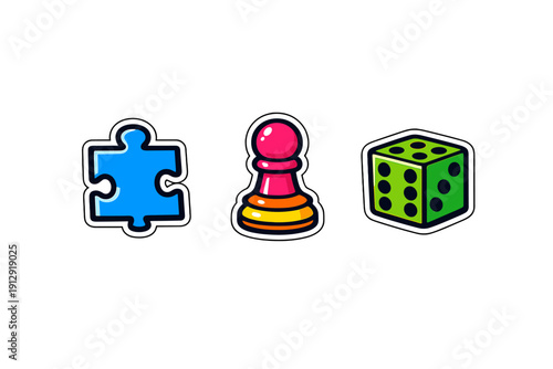 A set of three colorful game icons including a blue puzzle piece, a pink pawn, and a green die with black dots, all featuring bold outlines and a vibrant sticker style on a black background.