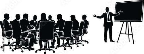 Business Meeting Silhouette with Team Conference and Presenter at Whiteboard Vector Illustration