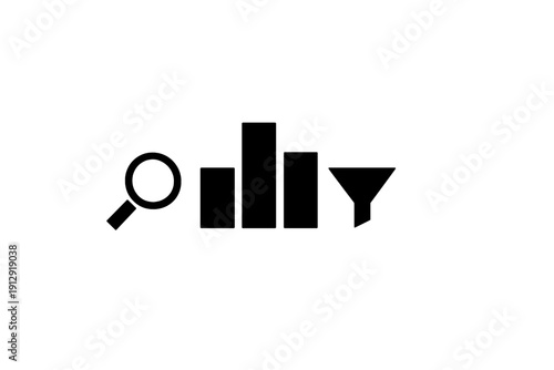 This minimalist graphic shows a magnifying glass next to a bar chart on a black background, symbolizing data research, financial analysis, and statistical investigation.