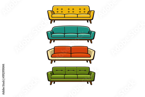 Four colorful mid-century modern sofas are displayed in a vertical row on a black background. The set includes yellow, teal, orange, and green designs with retro wooden legs.