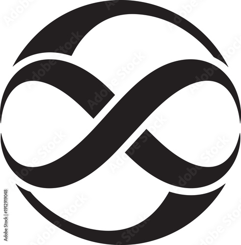 Abstract black infinity symbol inside a circle, endless connection or eternity logo.