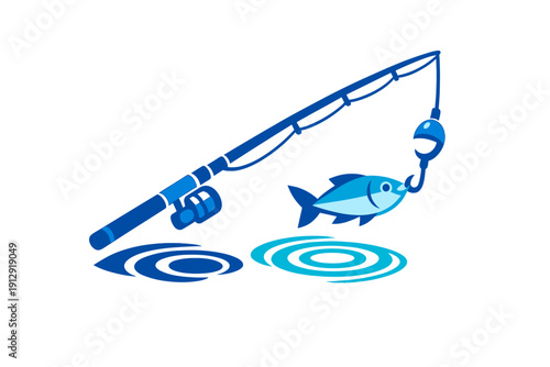 This blue monochromatic illustration depicts a fishing rod with a reel and line catching a fish. The design features a bobber and circular water ripples on a dark background.