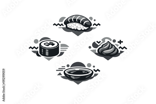 A monochrome vector illustration featuring four stylized sushi icons: nigiri, a maki roll, wasabi, and a bowl of soy sauce, arranged in a diamond pattern on a black background.