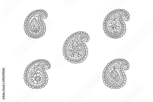 Five white hand-drawn paisley motifs with intricate floral details are scattered across a solid black background. This monochrome illustration features traditional buta patterns.