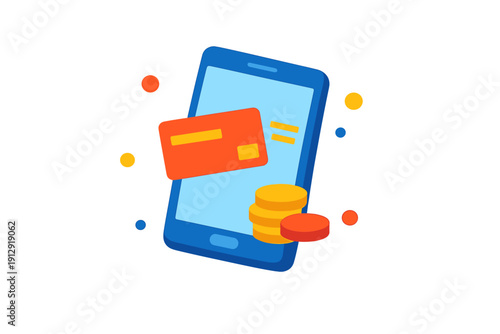 This digital illustration features a blue mobile phone with an orange credit card and a stack of gold coins, representing mobile banking and online payments on a black background.