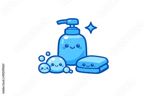 This kawaii illustration features a blue liquid soap bottle, a bar of soap, and small bubbles with adorable smiling faces, set against a solid black background.