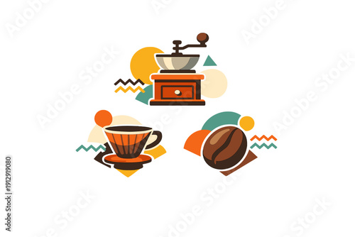 A flat vector illustration featuring a manual coffee grinder, a cup of coffee on a saucer, and a roasted coffee bean, all surrounded by colorful geometric shapes on a black background.