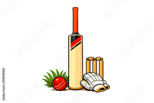 An illustration of cricket equipment featuring a vertical bat, a red ball, white gloves, and wooden stumps with bails, set against a black background with a patch of green grass.