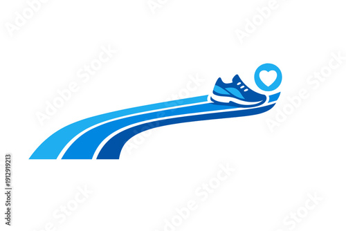 A blue running shoe sits on a stylized three-lane track with a heart icon in a circle, representing fitness and cardiovascular health on a solid black background.