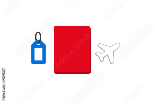 A flat illustration featuring a red passport, a blue luggage tag, and a white airplane icon against a black background, representing travel, tourism, and international flight concepts.