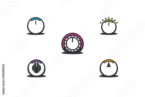 A collection of five minimalist dial icons with colorful accents on a black background. Each white knob features a unique indicator style like lines, dots, or arrows for adjustment.