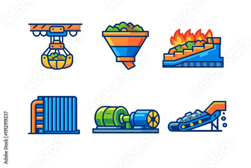 This set of six stylized industrial icons includes a grab crane, a funnel, a furnace with flames, a cooling system, a motor, and a conveyor belt in a flat vector style on a black background.