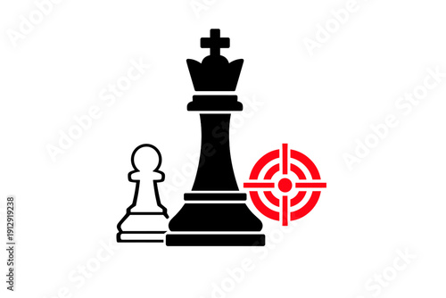 A black and white silhouette of a person aiming a rifle at a red and white target. The minimalist graphic design features a sharp contrast against a solid black background.