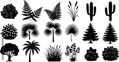Black Tree and Plant Silhouette Collection with Palm, Cactus, Fern and Shrub Vector Set