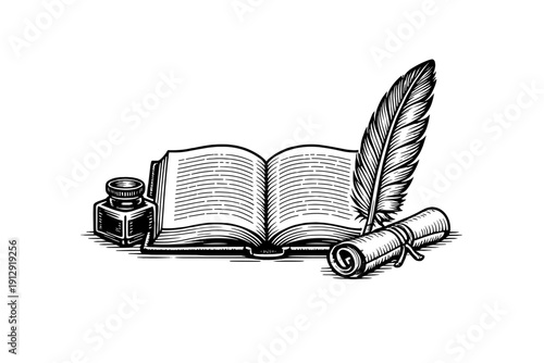 Vintage woodcut illustration of an open book, quill pen, inkwell, and rolled scroll. The monochrome line art style creates a classic look for literature and historical themes.