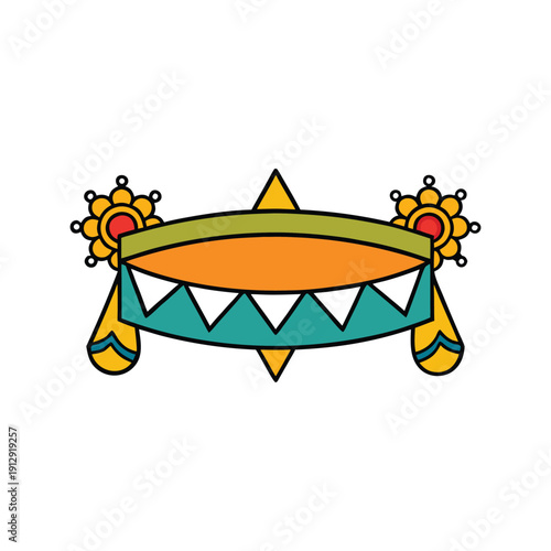 Vector illustration of a vibrant Aztec-inspired ceremonial headdress with orange, teal, and yellow geometric patterns, isolated on a transparent background.