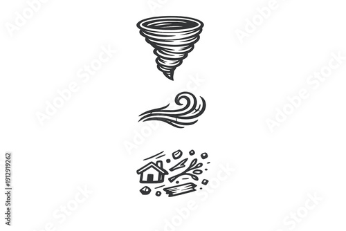 A collection of three white line art icons on a black background depicting a powerful tornado, swirling wind gusts, and storm damage with a house and flying debris.