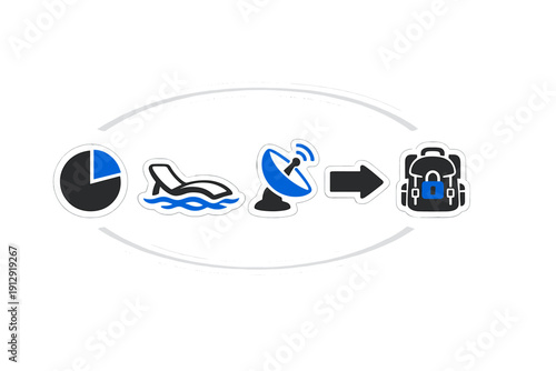 A sequence of icons including a pie chart, a lounge chair on water, a satellite dish, and a locked backpack, all enclosed within a white oval frame on a black background.