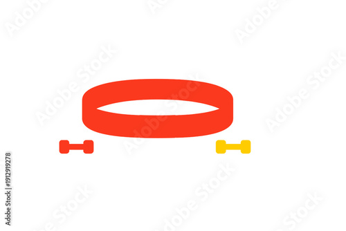 This illustration features a red circular wristband or fitness tracker centered on a black background. Two small dumbbell icons in red and yellow are placed underneath the main band.