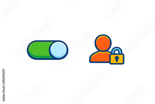 A green toggle switch in the on position is shown next to an orange user icon with a yellow padlock, representing account security and privacy settings on a black background.