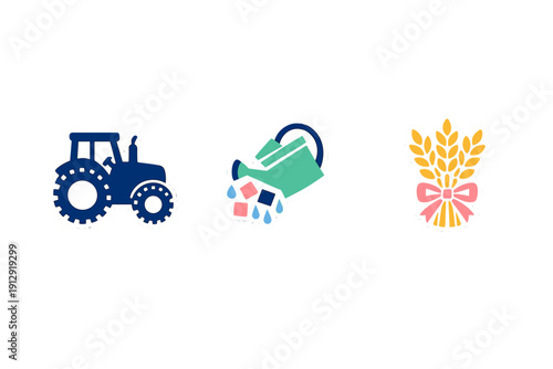 Three colorful farming icons including a blue tractor, a green watering can with droplets, and a bundle of yellow wheat tied with a pink ribbon, all set against a black background.