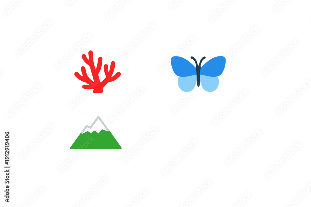 Fototapeta premium A collection of three minimalist icons featuring a red coral, a blue butterfly, and a green mountain with a snowy peak, all set against a solid black background.