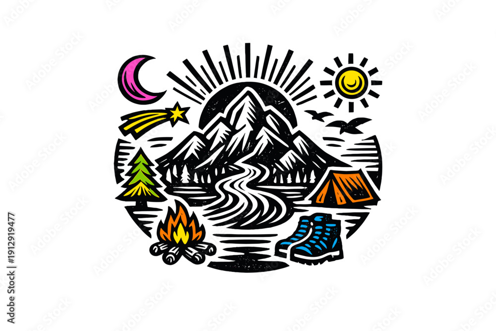 Fototapeta premium A vibrant graphic illustration featuring a mountain landscape with a river, tent, campfire, and hiking boots, set against a black background with celestial elements.