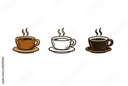 A set of three hand-drawn coffee cup icons with rising steam and saucers, presented in different shades of brown and tan on a solid black background for a rustic look.