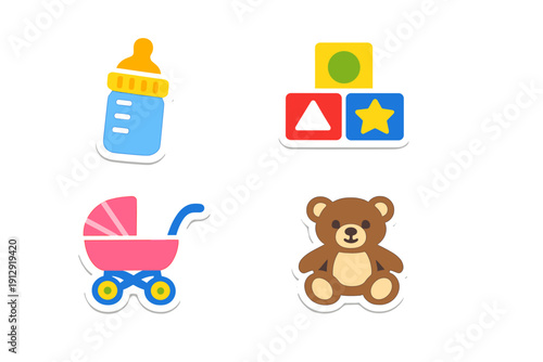A collection of four colorful baby-themed stickers including a blue feeding bottle, building blocks with shapes, a pink stroller, and a brown teddy bear on a black background.