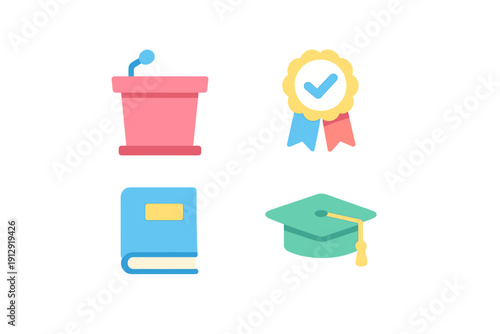 A set of four colorful flat icons representing education and achievement, including a pink podium with a microphone, an award ribbon, a blue book, and a teal graduation cap.