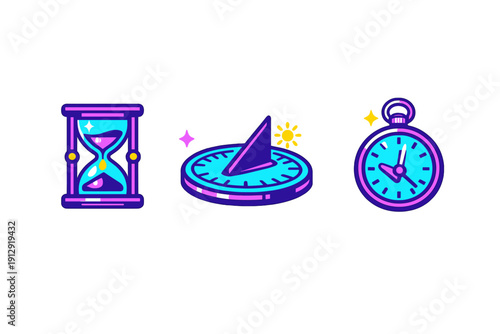 Three colorful icons of timekeeping instruments including an hourglass, a sundial, and a pocket watch are displayed against a black background in a vibrant flat illustration style.