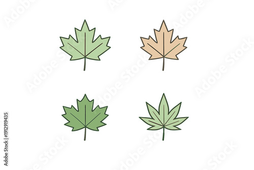Four simple vector leaf icons arranged in a square grid on a dark background, showing various shades of green and orange with thin dark outlines for a clean graphic look.
