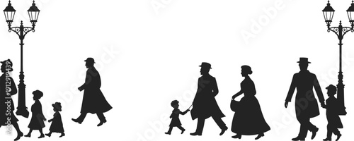 Victorian family silhouettes walking under vintage street lamps historical people black vector illustration isolated on white background