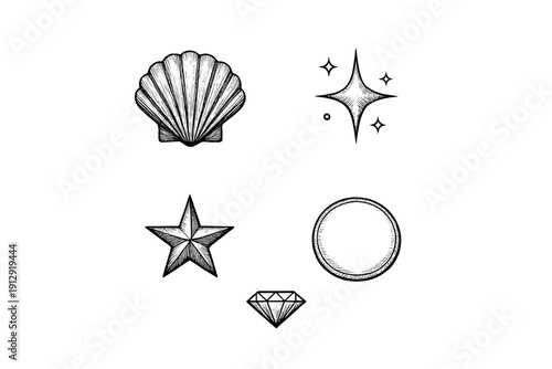 A collection of five white hand-drawn icons on a black background, including a seashell, a sparkle, a five-pointed star, a circle, and a diamond with detailed cross-hatched shading.