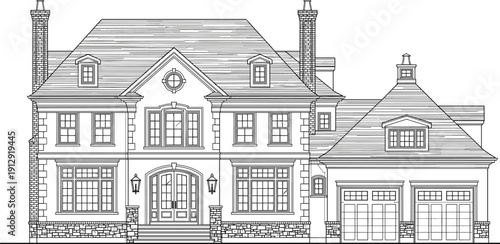 Hand drawn vector illustration of a luxury house elevation featuring a two story residential building with a garage, isolated on white background for architectural design.
