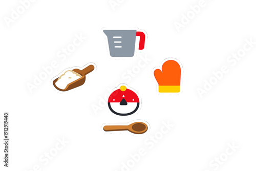 A collection of kitchen utensils and baking tools including a measuring cup, oven mitt, scoop of flour, kitchen timer, and wooden spoon, presented as flat icons on a black background.