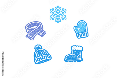 A collection of blue chalk-style illustrations featuring winter essentials like a snowflake, mitten, boot, beanie, and scarf, all set against a solid black background.