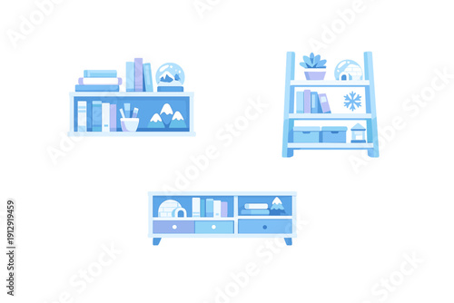 A flat vector illustration of three light blue furniture pieces including shelves and a cabinet, decorated with winter-themed items like snow globes and igloos on a black background.