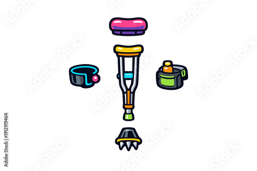 A collection of colorful cartoon icons featuring a crutch, a wrist brace, a padded armrest, a utility pouch with a bottle, and a spiked tip, all set against a solid black background.