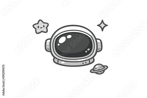 A cute black and white illustration of an astronaut helmet floating in space, surrounded by a smiling star, a sparkle, and a small ringed planet on a solid black background.