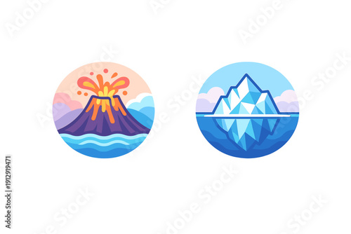 Two circular vector illustrations depicting a volcanic eruption with orange lava and a floating iceberg in blue water, both featuring minimalist designs and soft colors.