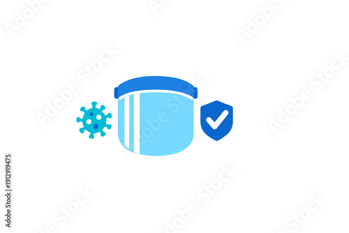 This graphic features a blue medical face shield flanked by a teal virus particle and a blue security shield with a checkmark, representing health safety and protection on a black backdrop.