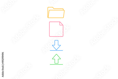 This image features four neon style icons on a black background: a yellow folder, a pink file, a blue download arrow, and a green upload arrow representing data management.