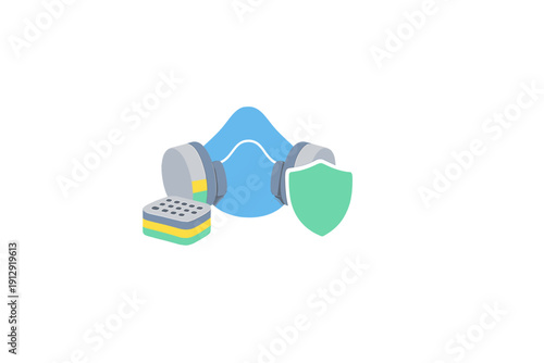 A 3D illustration of a blue respirator mask with grey filters, a green shield icon, and a separate filter cartridge, representing safety and protection in hazardous environments.