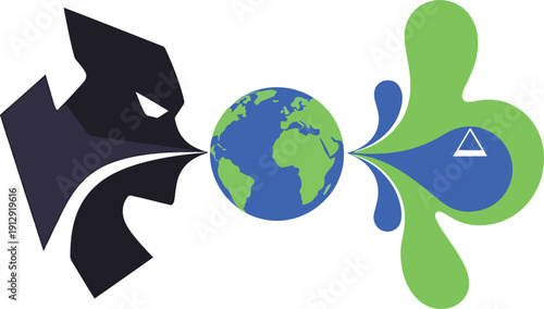 Abstract face blowing wind on earth globe, climate change or global wind energy concept.