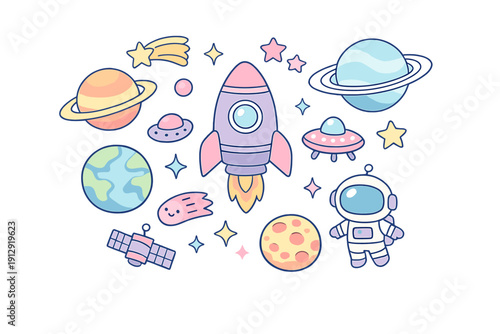 This set of kawaii space illustrations includes a rocket ship, astronaut, various planets, and twinkling stars, all rendered in soft pastel colors on a dark background.