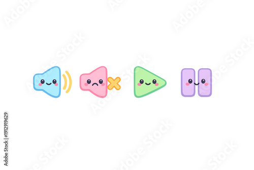 A set of four cute kawaii media control icons including volume, mute, play, and pause buttons with smiling faces on a black background. The colorful characters have a flat cartoon style.