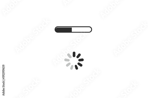 A black background features two loading indicators: a horizontal progress bar partially filled with white and a circular spinner made of grey rounded rectangles in a radial pattern.
