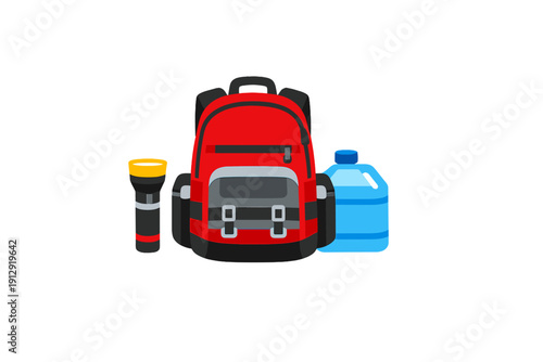 A red backpack stands in the center, flanked by a black flashlight with yellow accents and a blue water jug. This illustration shows essential equipment for outdoor activities.